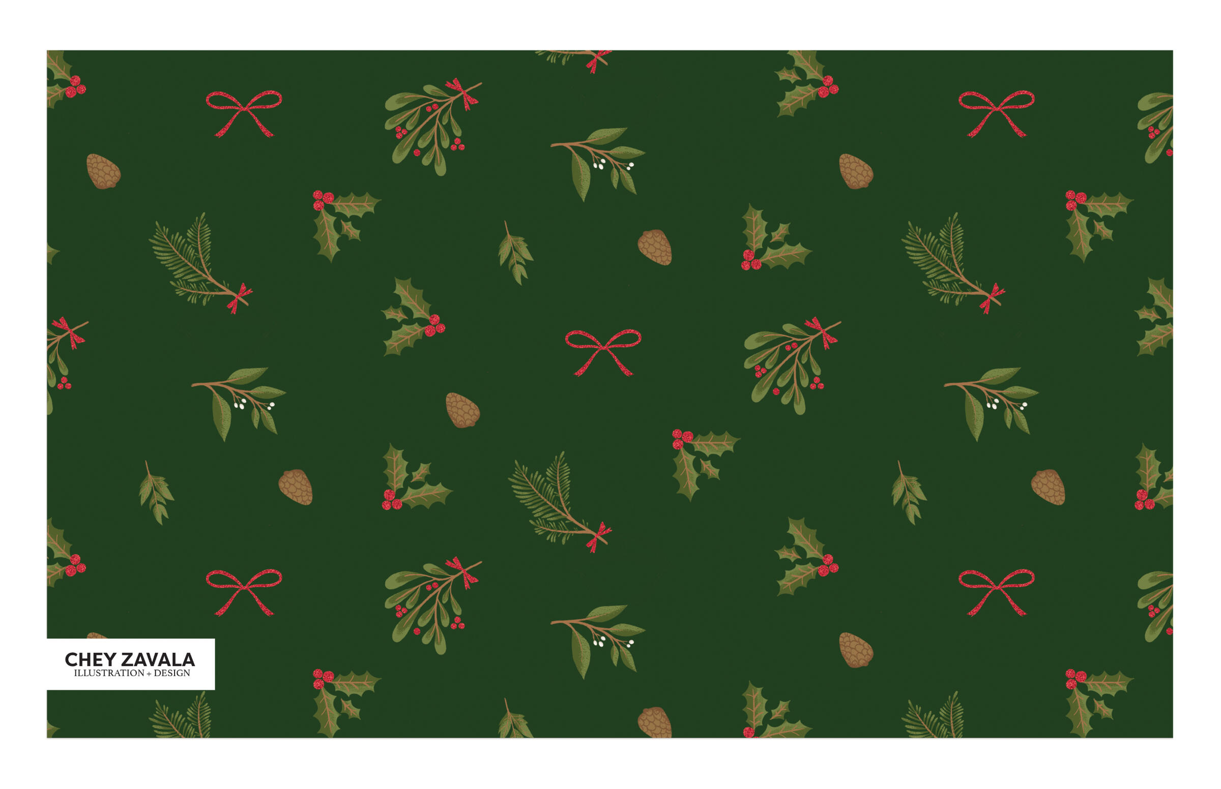 Sprigs of holly, pine, and laurel each adorned with bows.