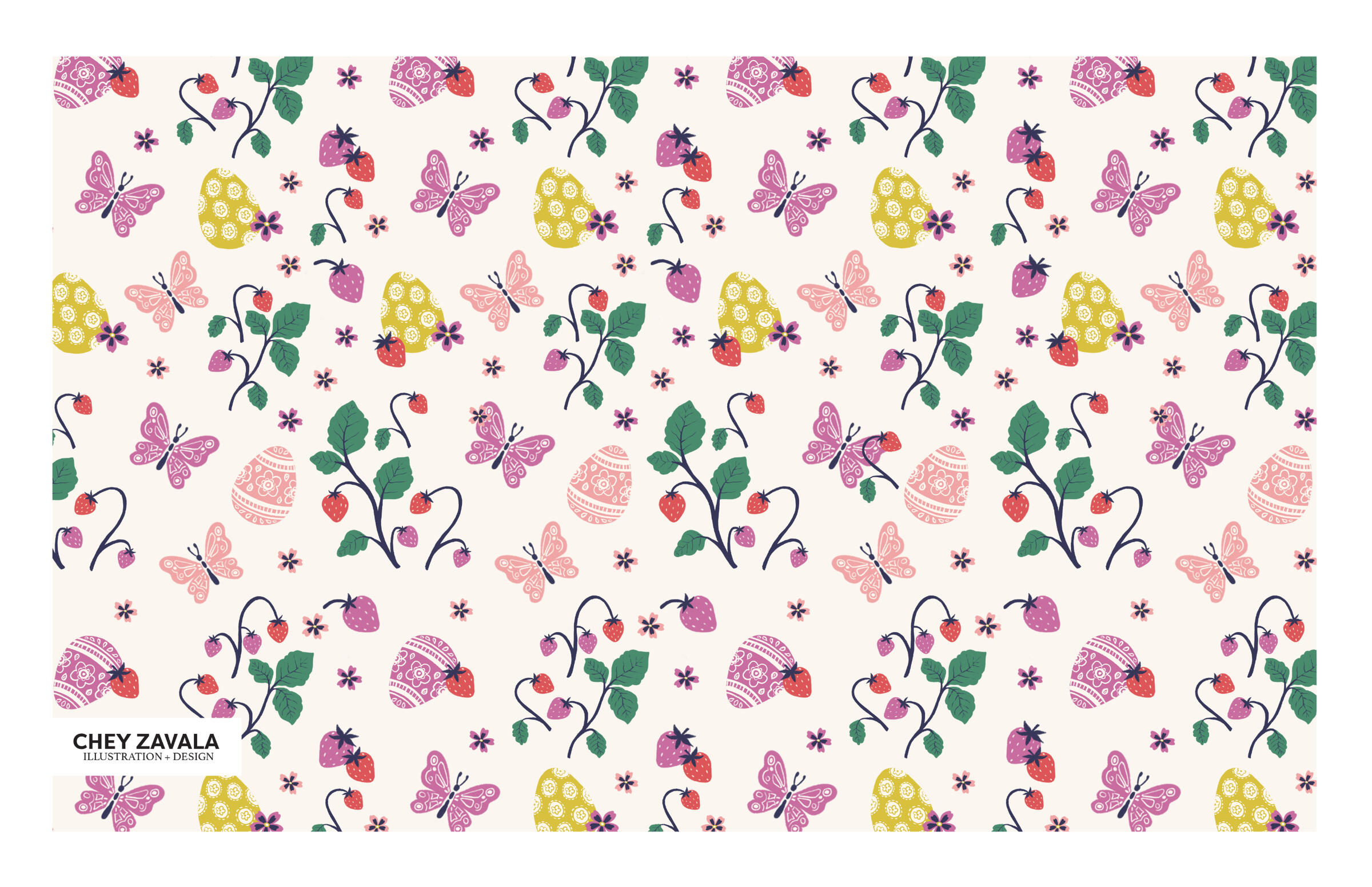 A playful Easter print featuring delicate strawberries and butterflies.