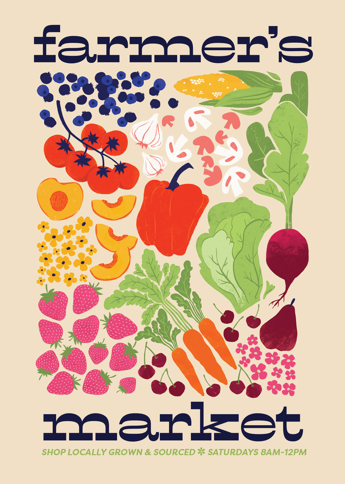 A farmer's market poster concept featuring fresh fruits and veggies.